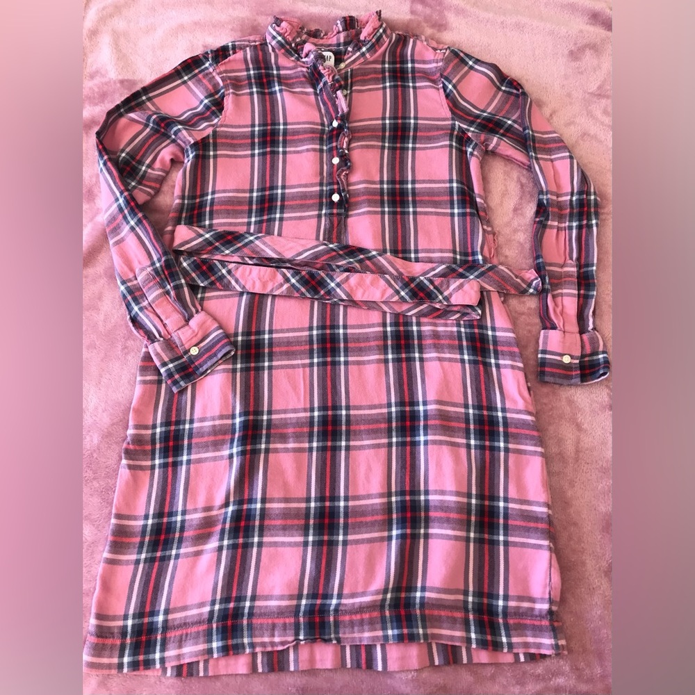 GAP Size SMALL 💓 Pink Plaid Flannel Shirt Dress With Ruffles 💕 Belt Optional